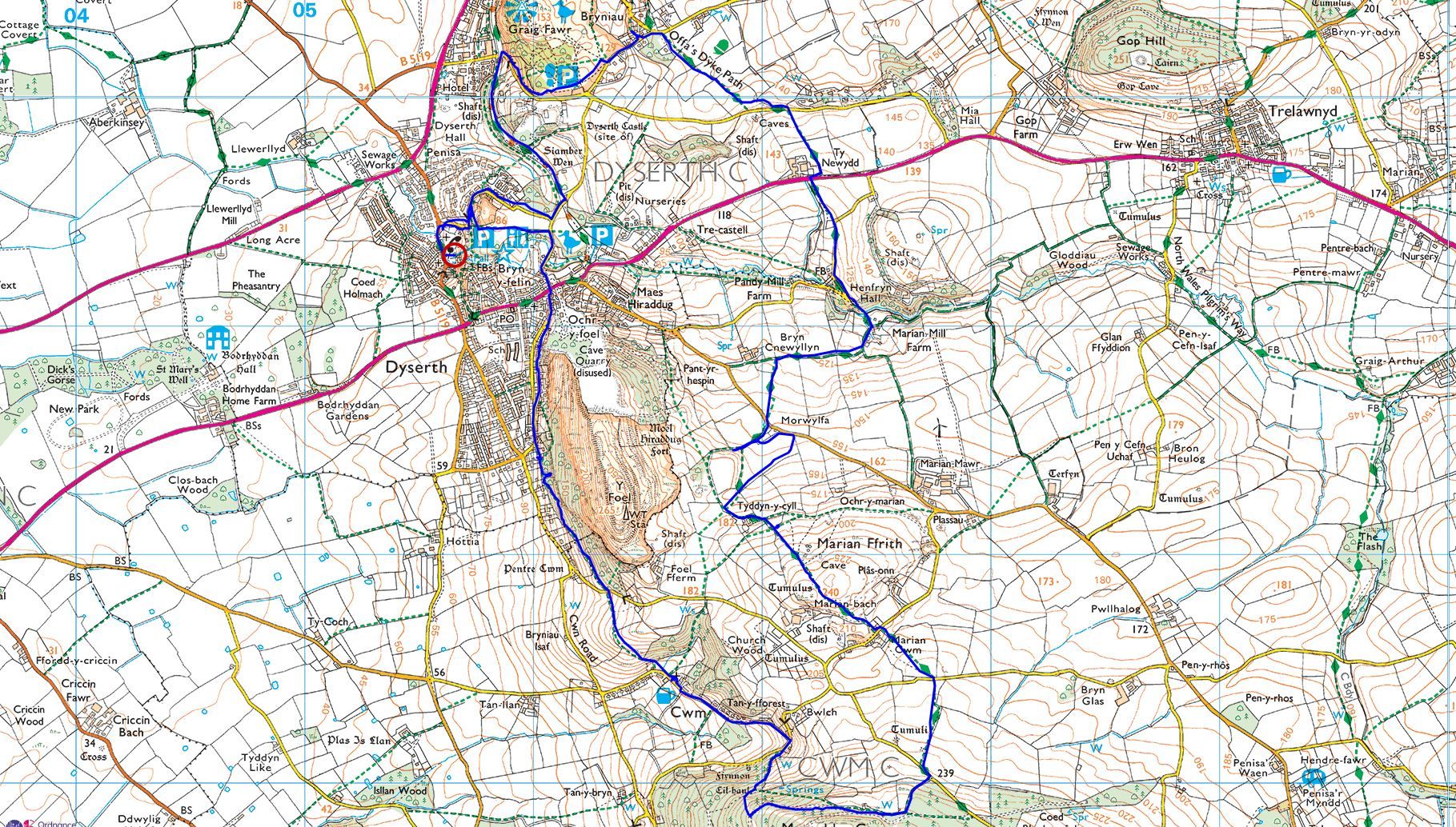 Screenshot of OS map showing a 9 mile walk from Dyserth being led for Deeside Ramblers by John